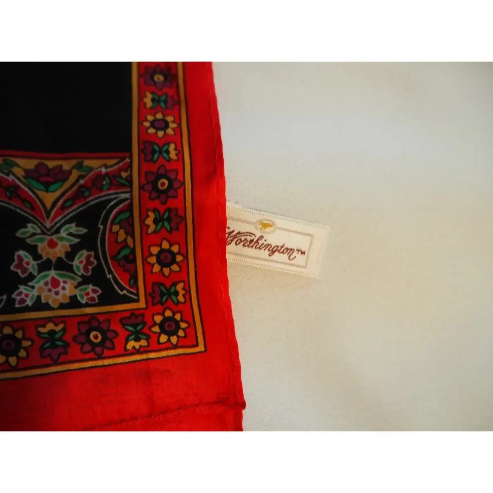 Vintage Worthington 100% Silk Scarf 48x12 Red Black Floral Rose Japan